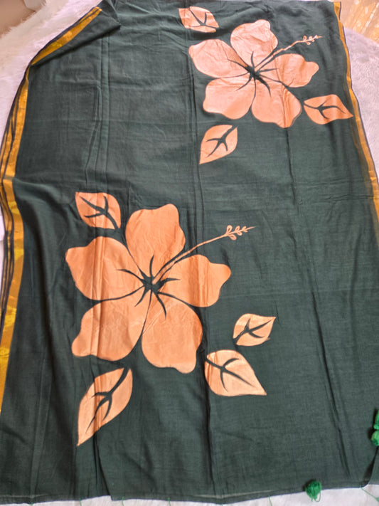 Gold Hibiscus Mul Cotton Saree