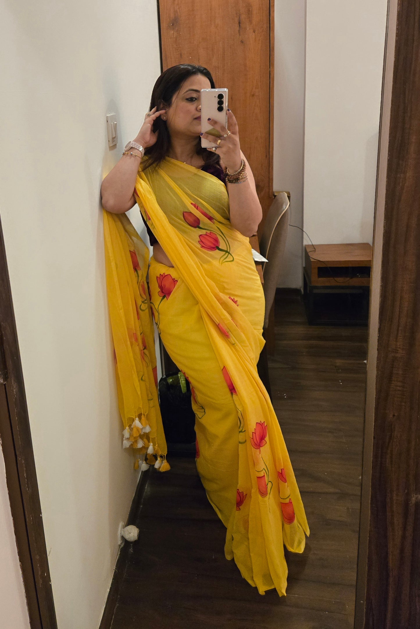 Pischwai Lotus Hand Painted Saree