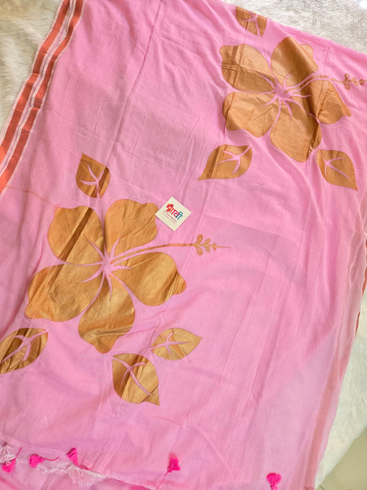 Gold Hibiscus Mul Cotton Saree
