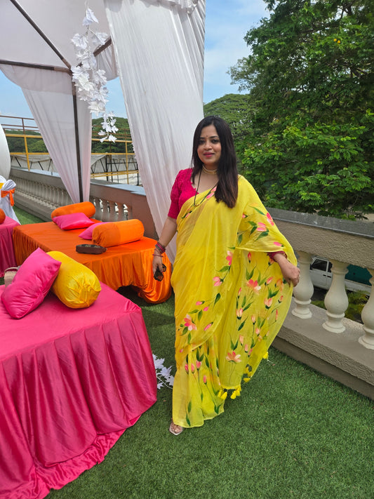 Blush Bloom Hand Painted Mul Cotton Saree