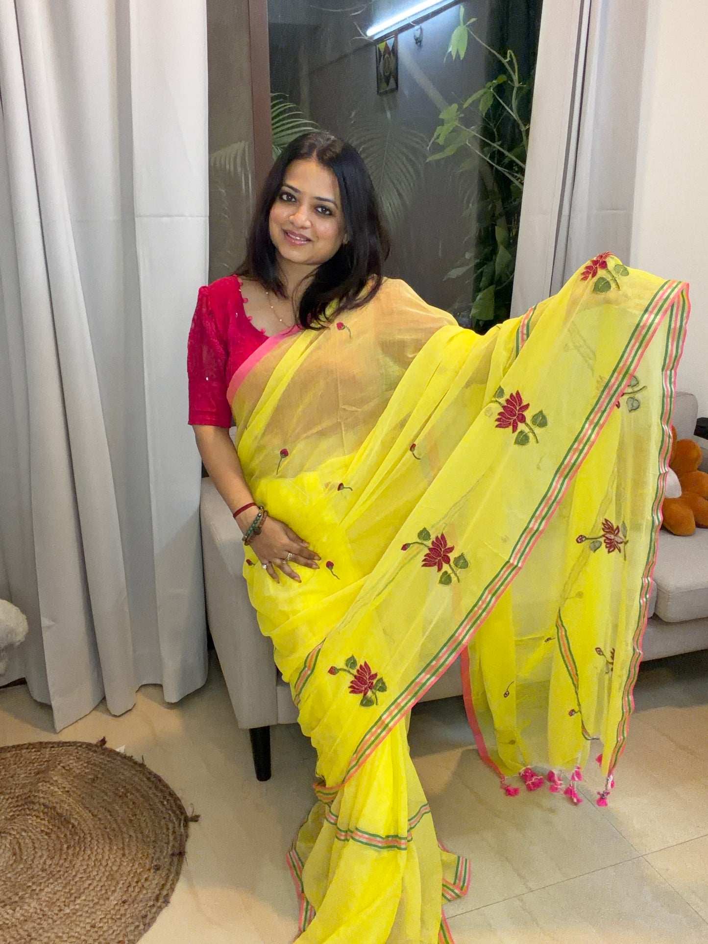 Yellow Lotus embroidered Saree