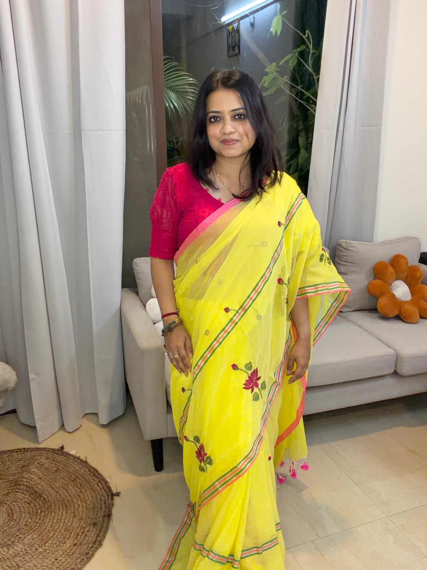Yellow Lotus embroidered Saree